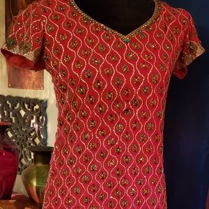 Exquisite Beaded Red Dress With Scarf